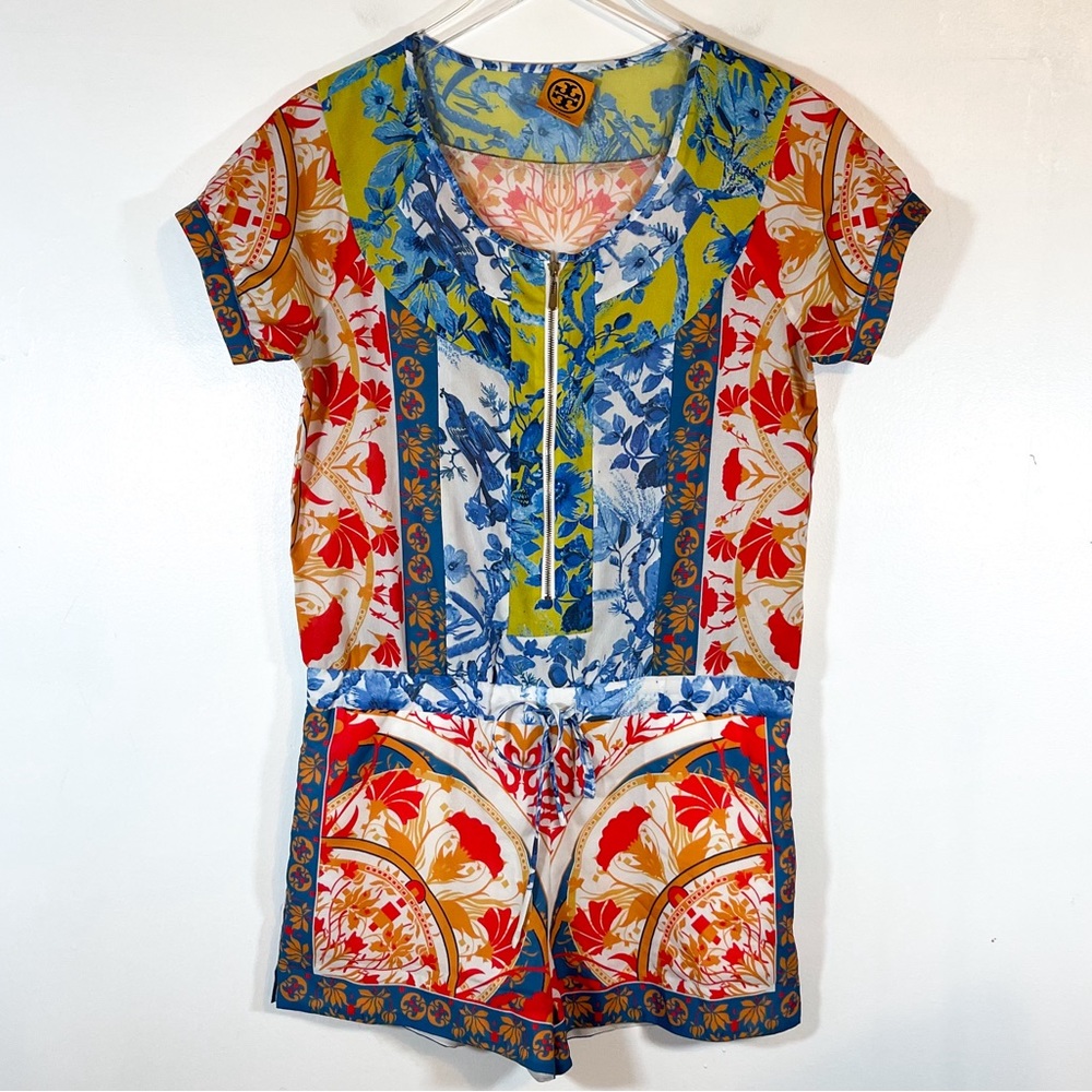 Tory Burch Silk Short Sleeve Zip Up Onesie Jumpsuit Tapestry Size 6 $30